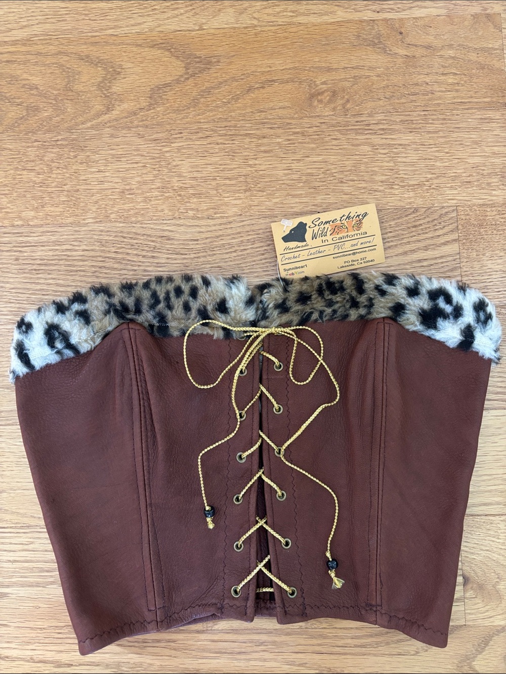 Leopard-Trim Brown Faux-Leather Lace-Up Corset Camisole